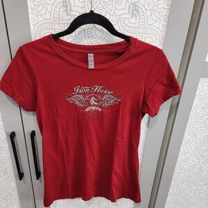 Ladies Red Tee Iron Horse Sugar Skull and Angel Wings Motif on Back Size SM